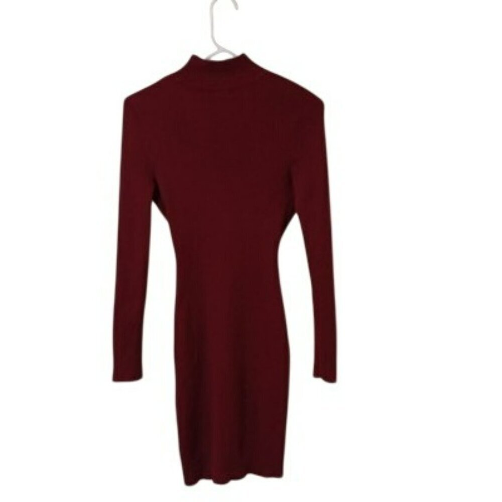 Burgundy Long Sleeve Ribbed Knit Sweater Dress W Metal Button Cuffs Mock Neck L